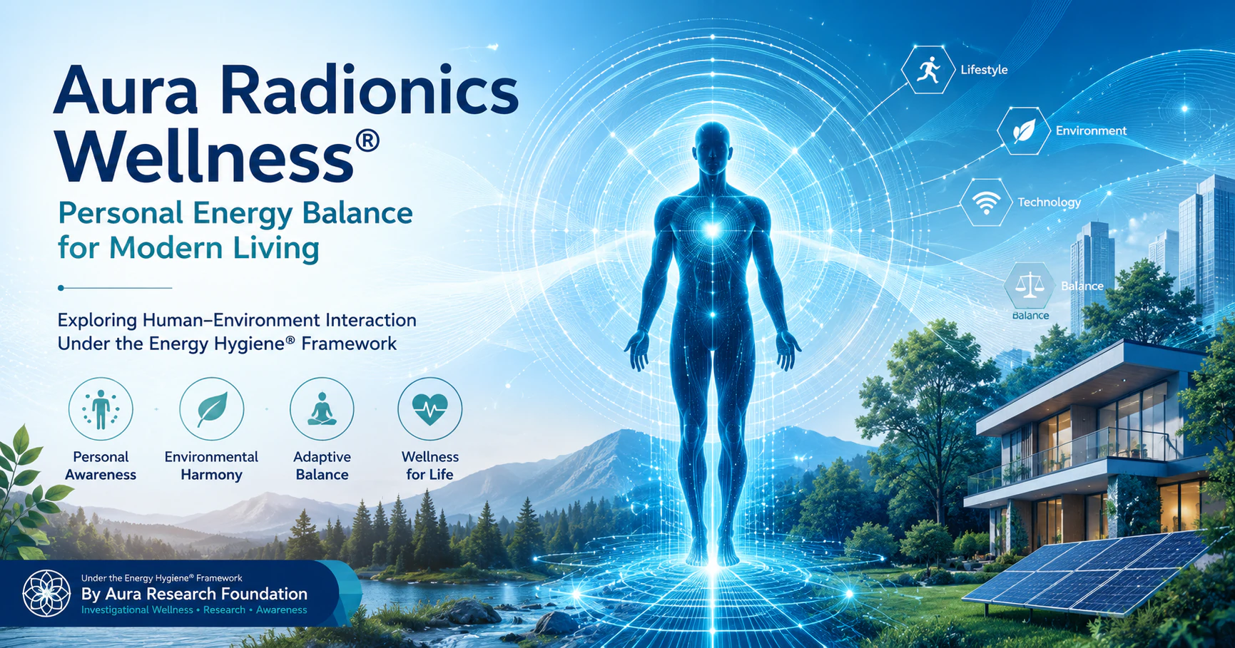 Aura Radionics Wellness® infographic illustrating personal energy balance and human-environment interaction