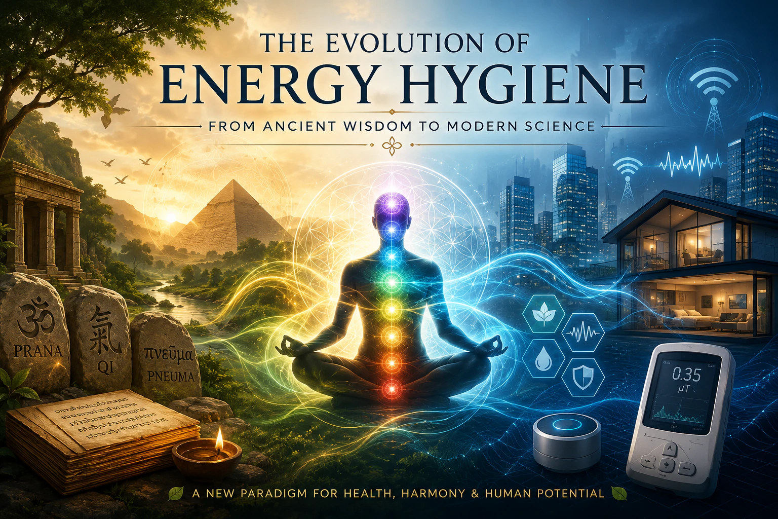 Evolution of Energy Hygiene infographic connecting ancient vital-force traditions with modern environmental science