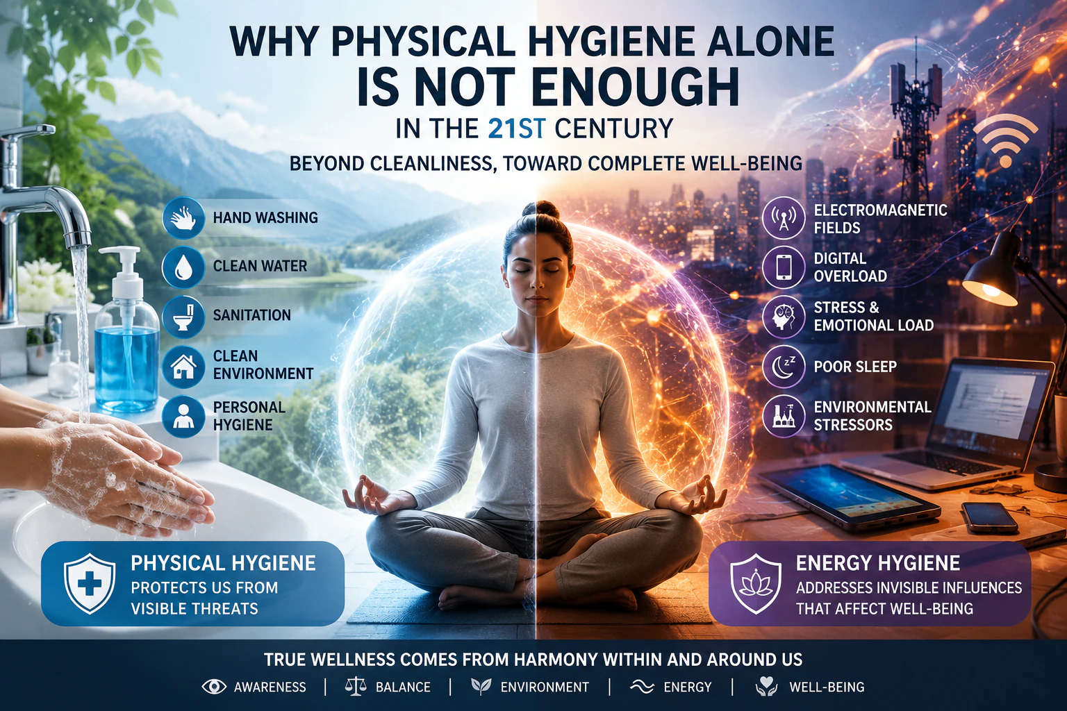Physical Hygiene and Energy Hygiene infographic contrasting visible and environmental wellness influences