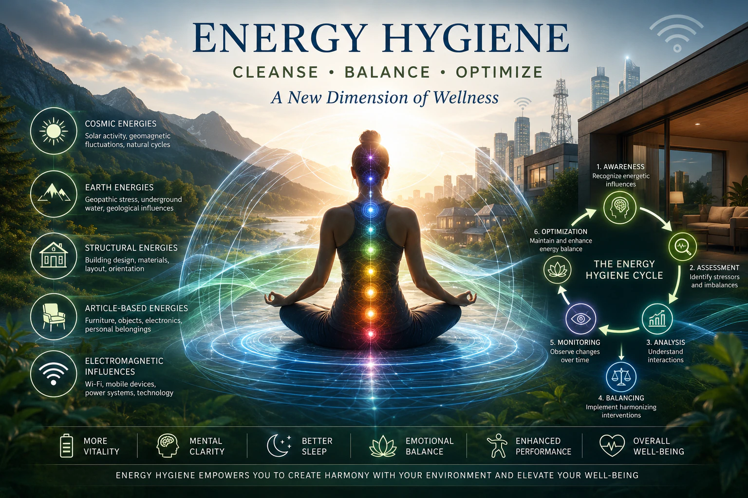 Energy Hygiene infographic showing five energetic influences, the six-stage cycle, and wellness benefits