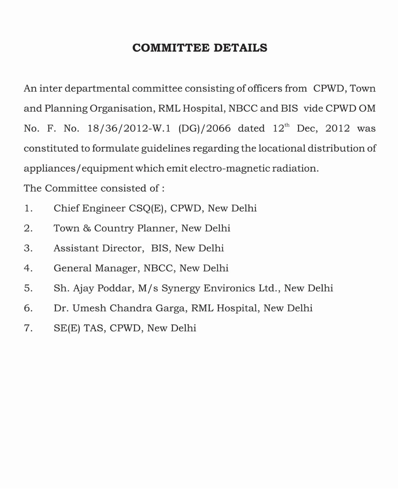 Committee details for the CPWD electromagnetic radiation guidelines.