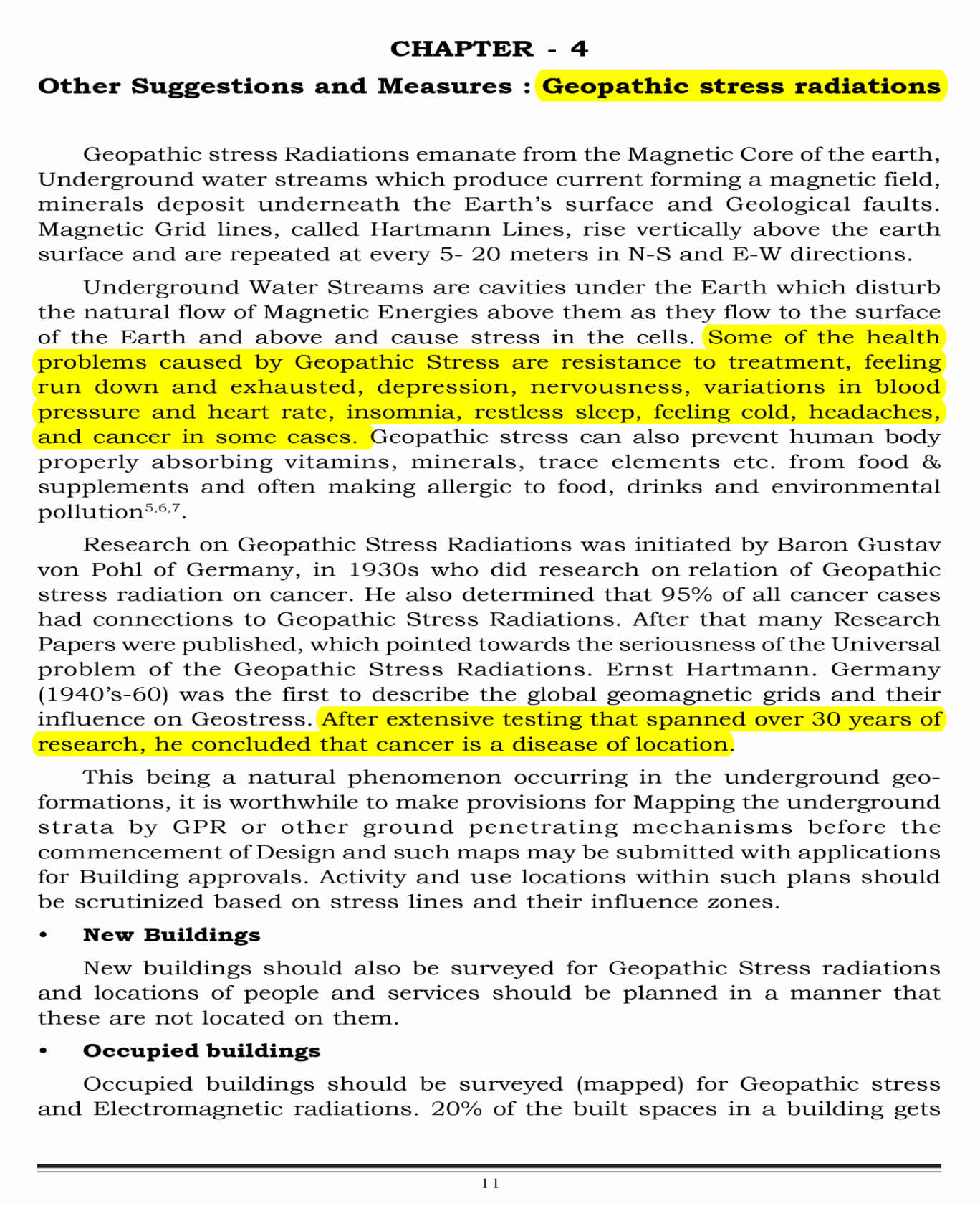 CPWD chapter 4, printed page 11, discussing geopathic stress; yellow highlighting is present in the source reproduction.