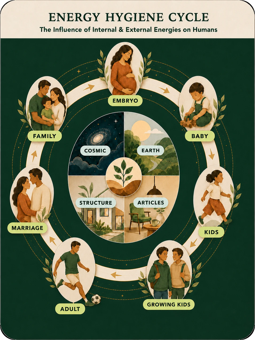 An Energy Hygiene Cycle poster showing embryo, baby, kids, growing kids, adult, marriage and family stages alongside cosmic, earth, structure and article influences.