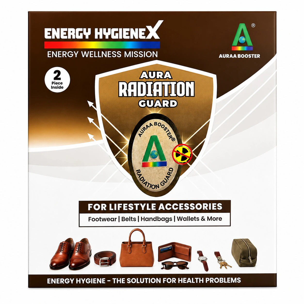 Two-piece Aura Radiation Guard packaging for lifestyle accessories