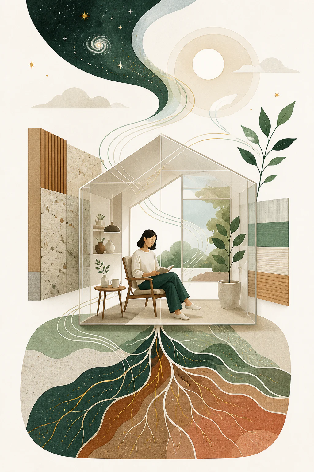 A person at home connected with the cosmos, Earth, surrounding structure and everyday articles