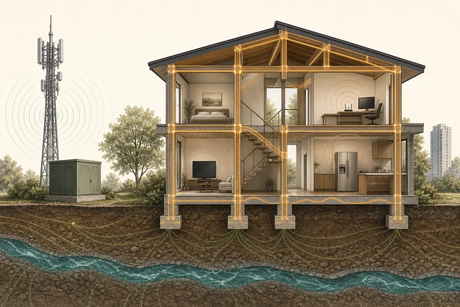 Architectural cutaway showing underground water and earth lines, nearby infrastructure, a building's structural network, and everyday electronics