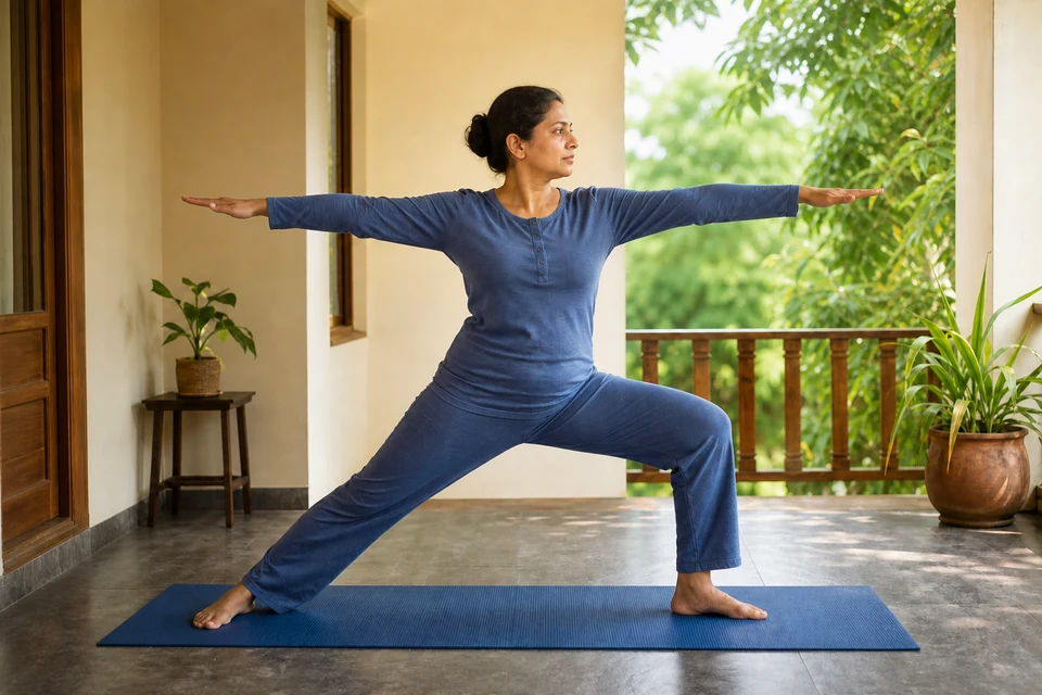 A young woman practising Warrior II on a sunlit veranda.