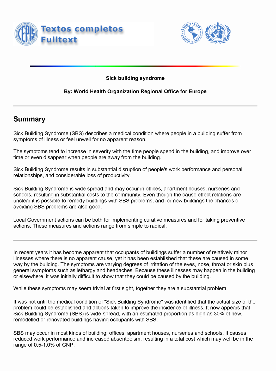 One-page Sick Building Syndrome reproduction, credited to WHO Regional Office for Europe, describing building-associated symptoms and prevention.